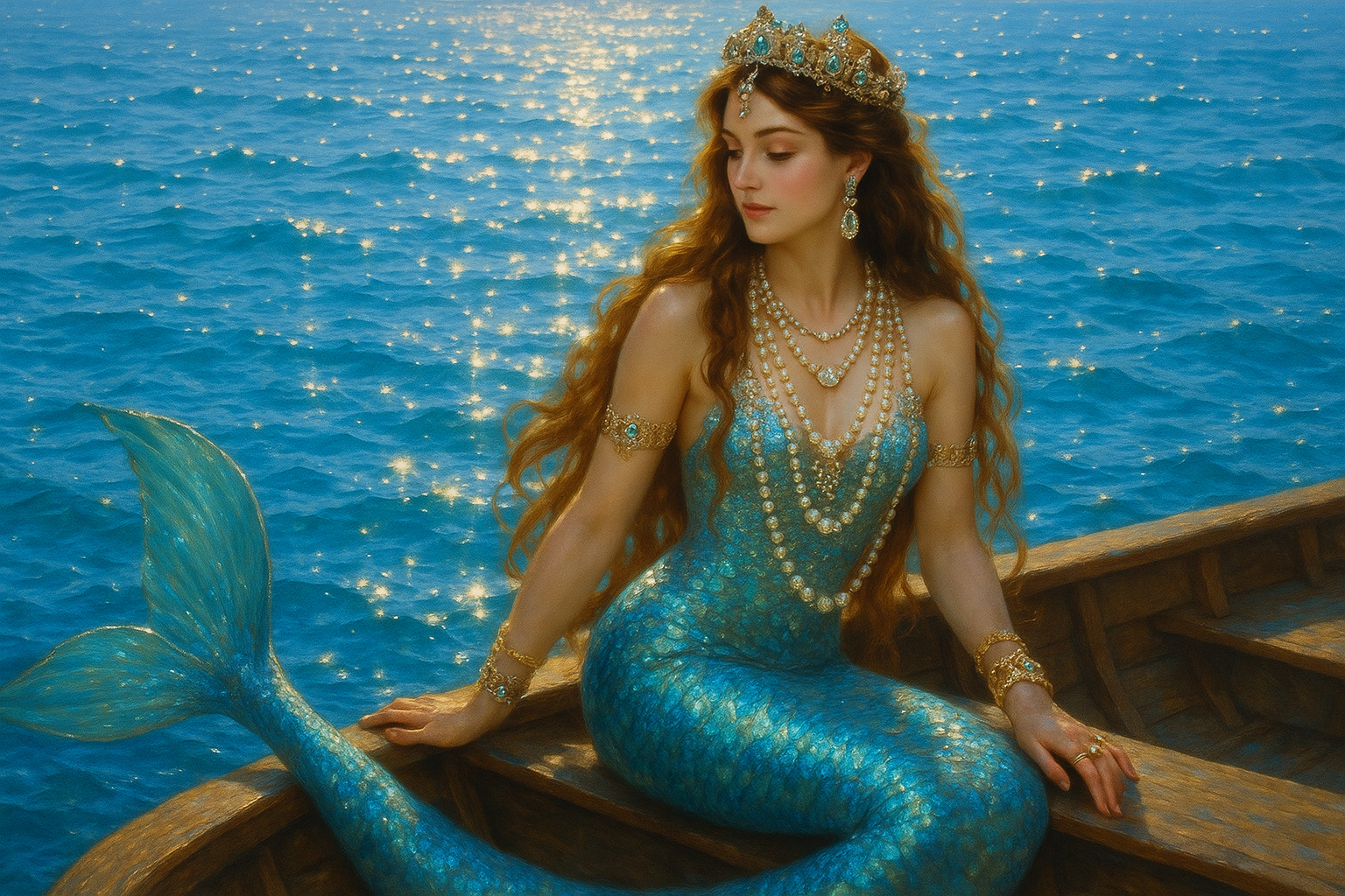 mermaid sitting on boat on the ocean wearing lots of jewelry