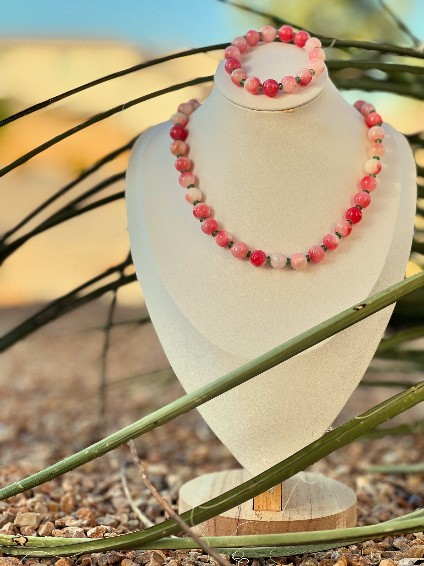 Cassandra - Pink Agate Beaded Necklace and Bracelet Set