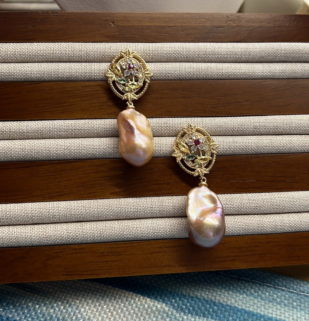 Seraphina - Luxury Baroque Flame Ball Freshwater Pearl Earrings with Crystal Flowers