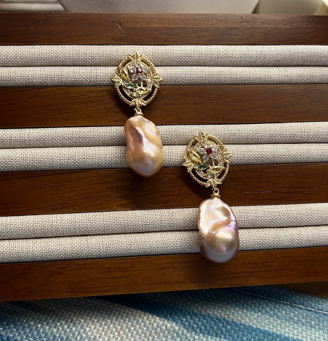 Seraphina - Luxury Baroque Flame Ball Freshwater Pearl Earrings with Crystal Flowers