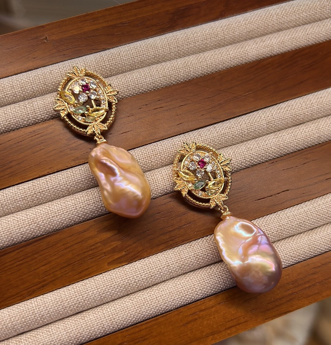 Seraphina - Luxury Baroque Flame Ball Freshwater Pearl Earrings with Crystal Flowers