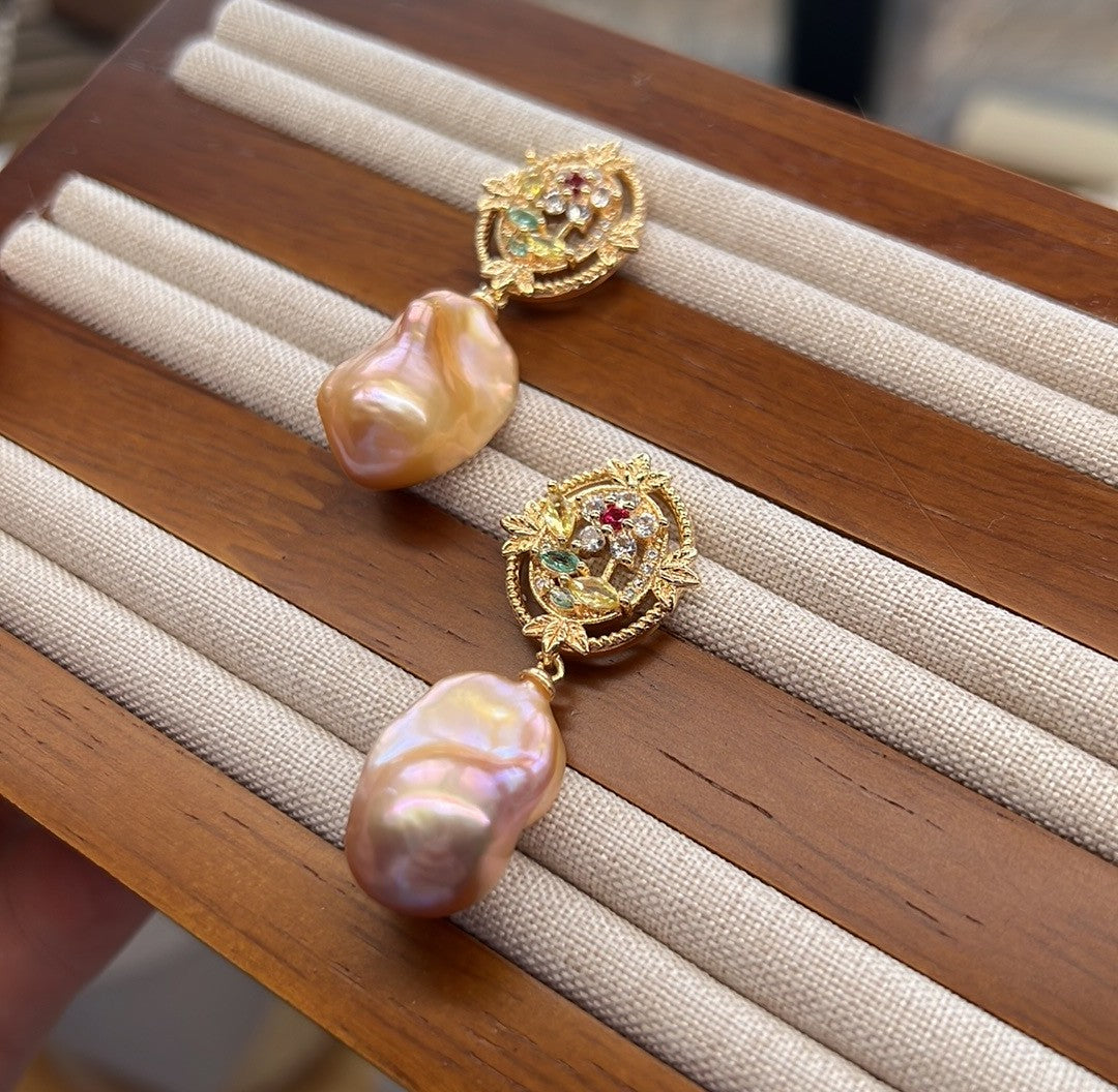 Seraphina - Luxury Baroque Flame Ball Freshwater Pearl Earrings with Crystal Flowers