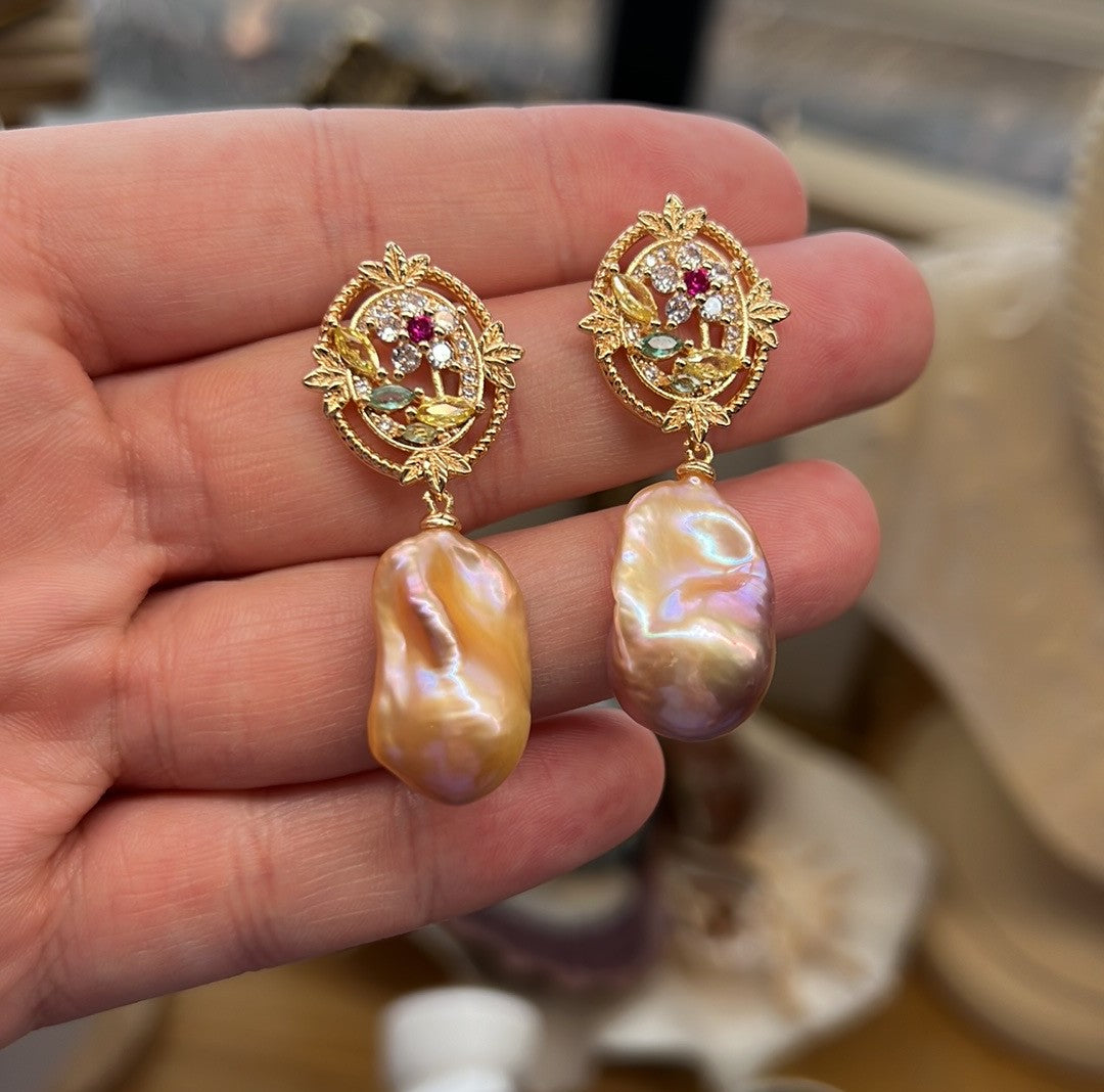 Seraphina - Luxury Baroque Flame Ball Freshwater Pearl Earrings with Crystal Flowers