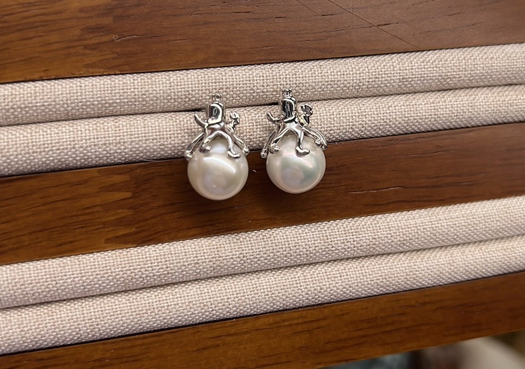 White Round Freshwater Pearl S925 Sterling Silver Octopus Post Earrings