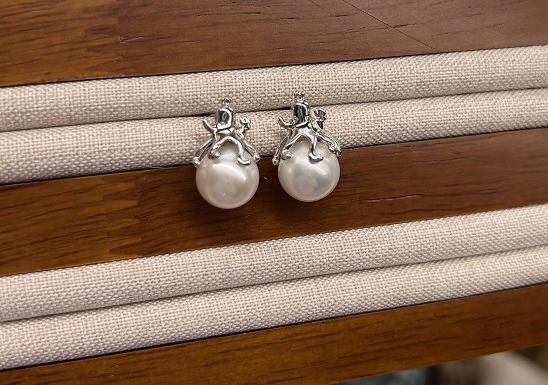 White Round Freshwater Pearl S925 Sterling Silver Octopus Post Earrings