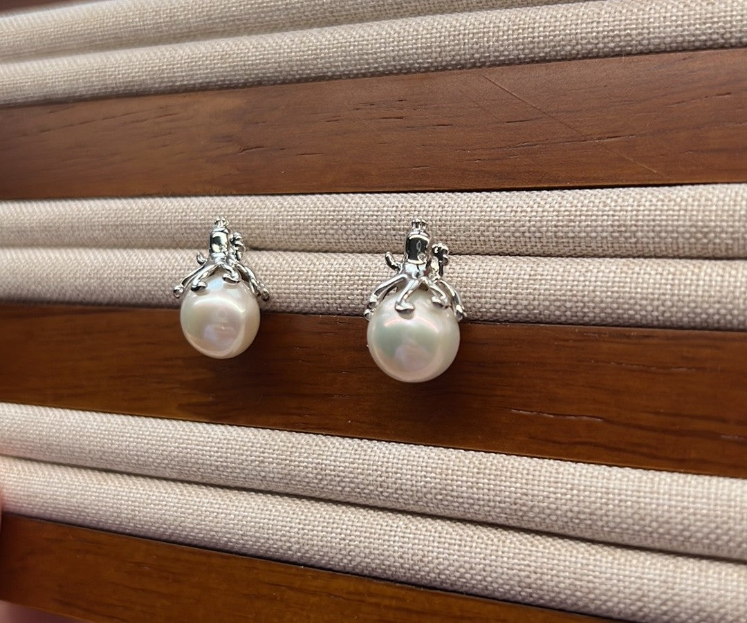 White Round Freshwater Pearl S925 Sterling Silver Octopus Post Earrings