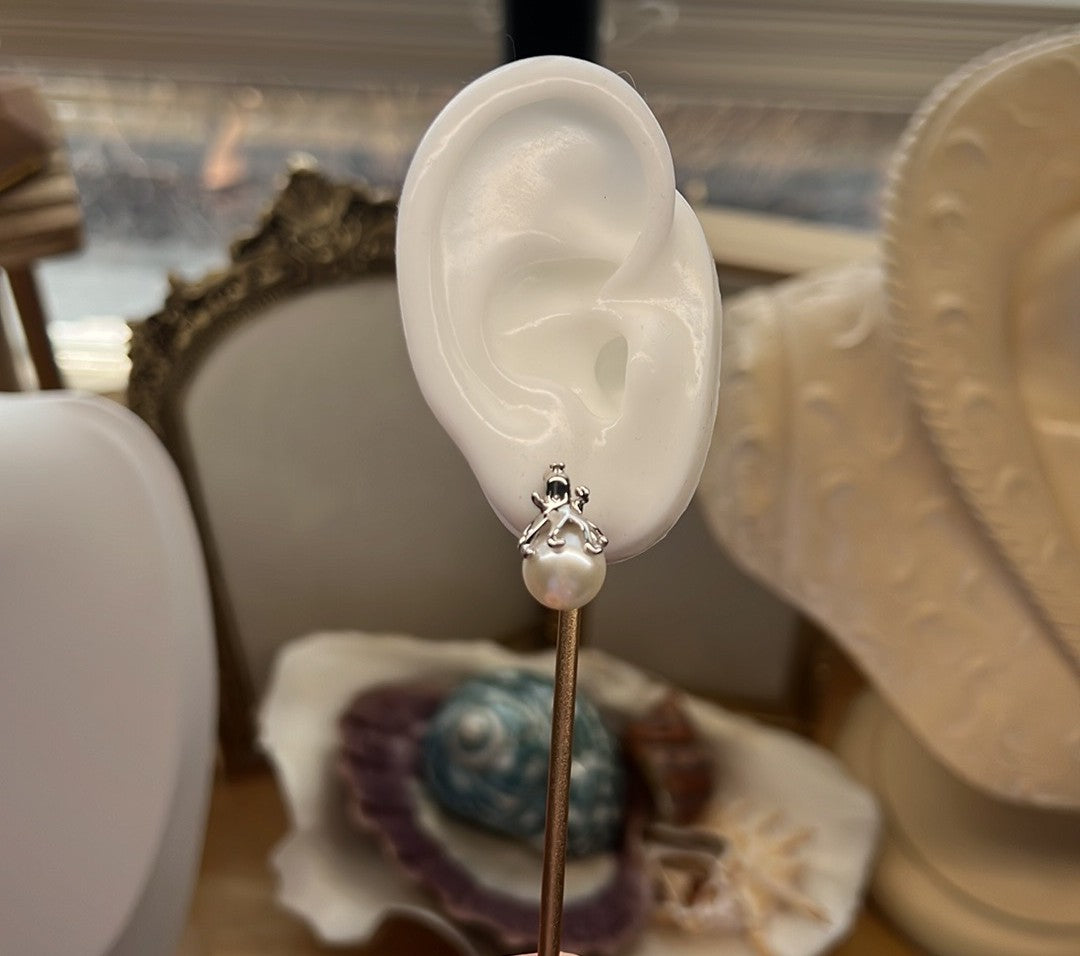 White Round Freshwater Pearl S925 Sterling Silver Octopus Post Earrings