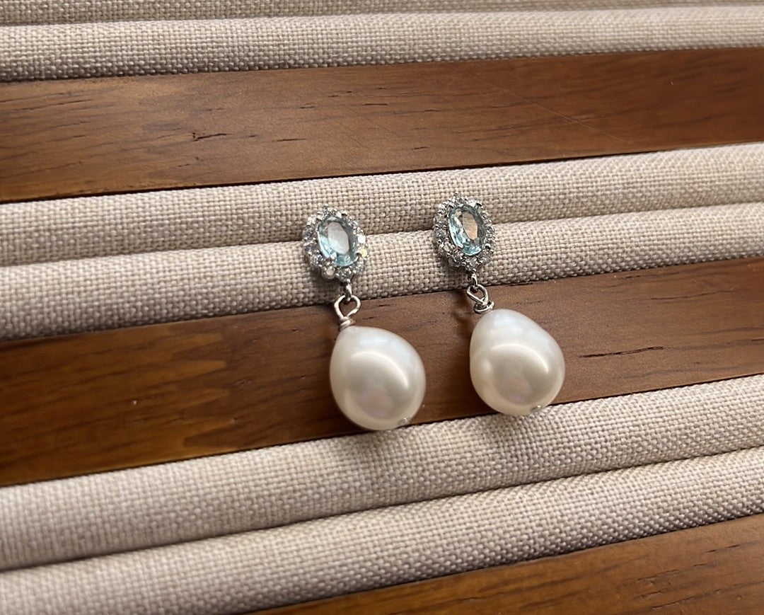 Real Freshwater Pearl Drop Post Earrings with Aquamarine Cut Crystal