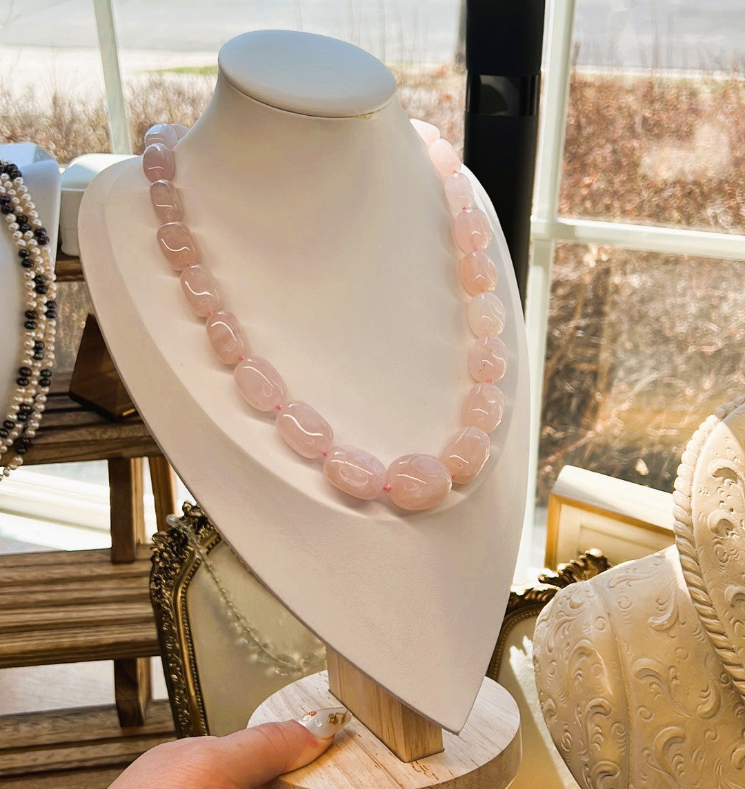 Giant Rose Quartz Beaded Necklace on Hand-Knotted Cord
