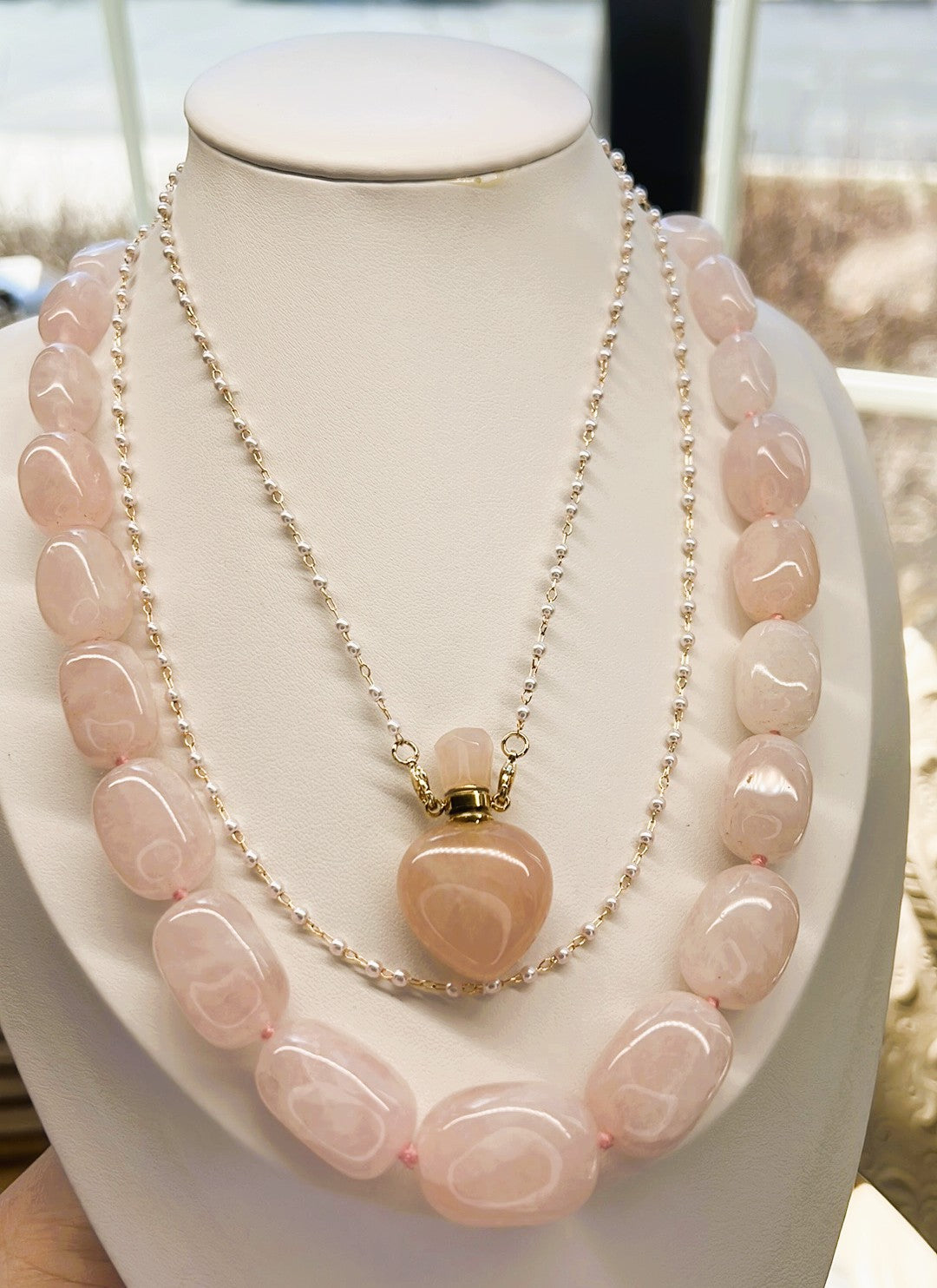 Giant Rose Quartz Beaded Necklace on Hand-Knotted Cord