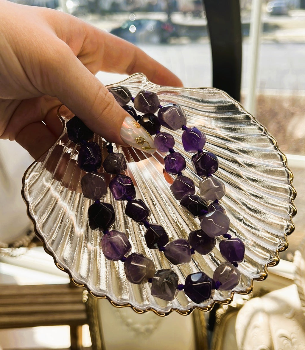 Large Freeform Amethyst Necklace using Hand-Knotted Method