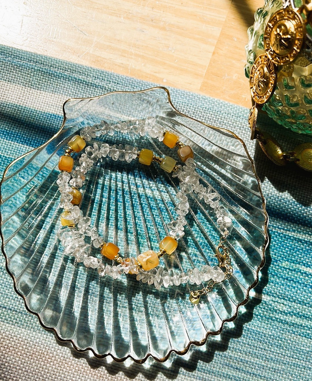 Francesca - Clear Quartz Chip and Mango Agate Cube Beaded Necklace