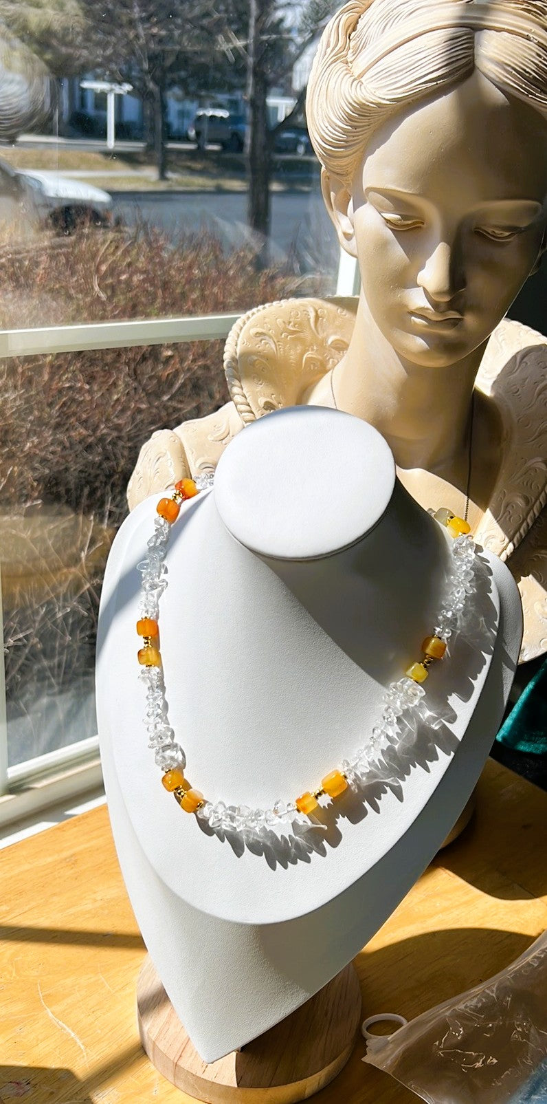 Francesca - Clear Quartz Chip and Mango Agate Cube Beaded Necklace