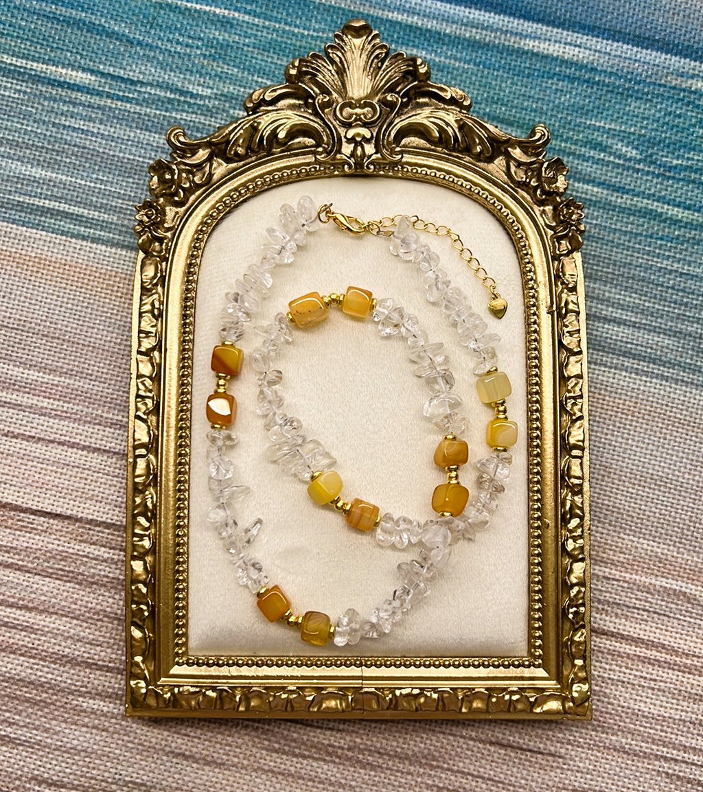 Francesca - Clear Quartz Chip and Mango Agate Cube Beaded Necklace