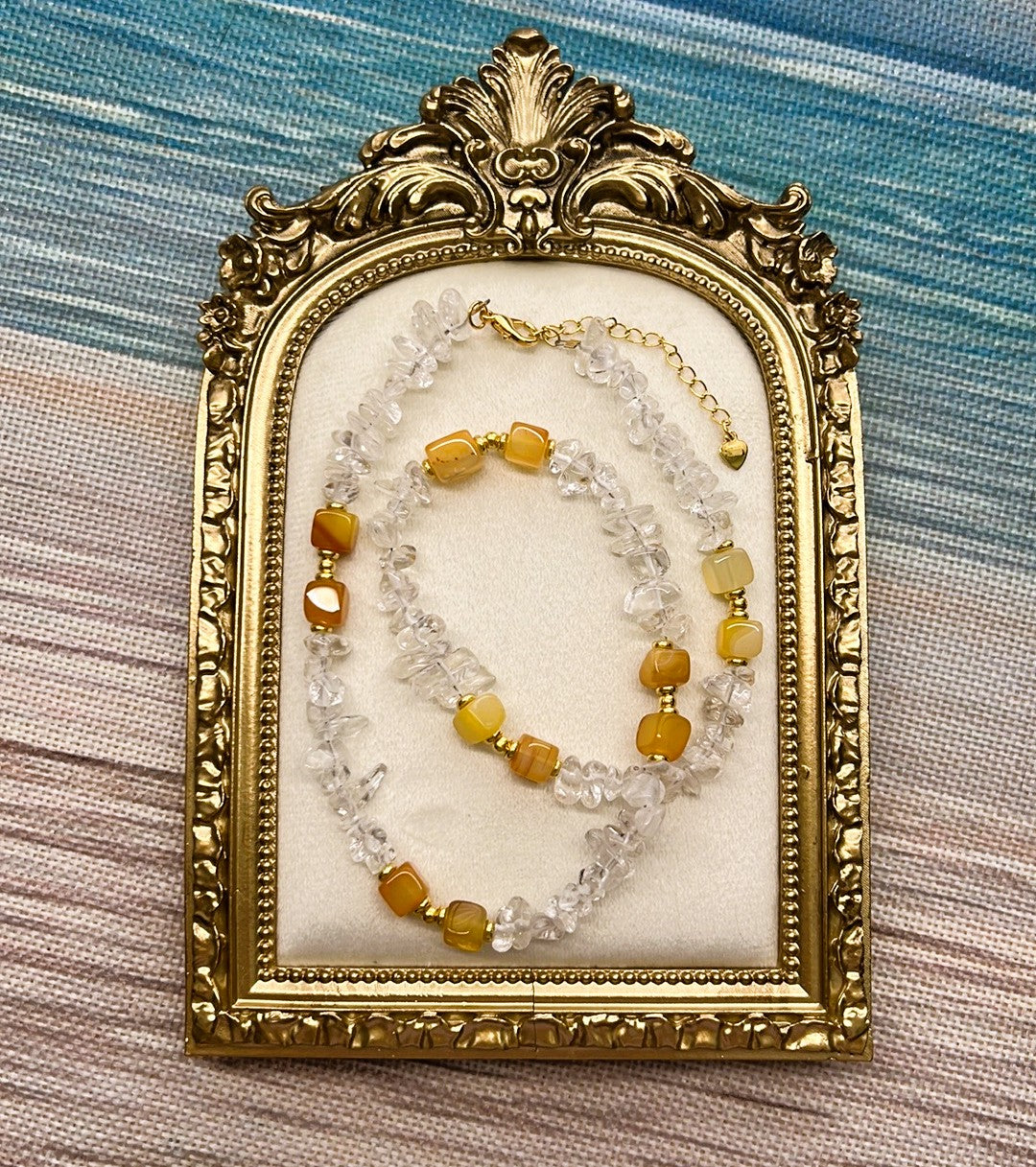 Francesca - Clear Quartz Chip and Mango Agate Cube Beaded Necklace