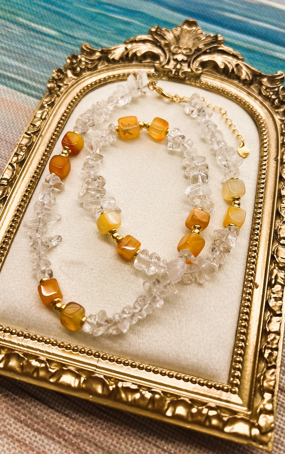 Francesca - Clear Quartz Chip and Mango Agate Cube Beaded Necklace