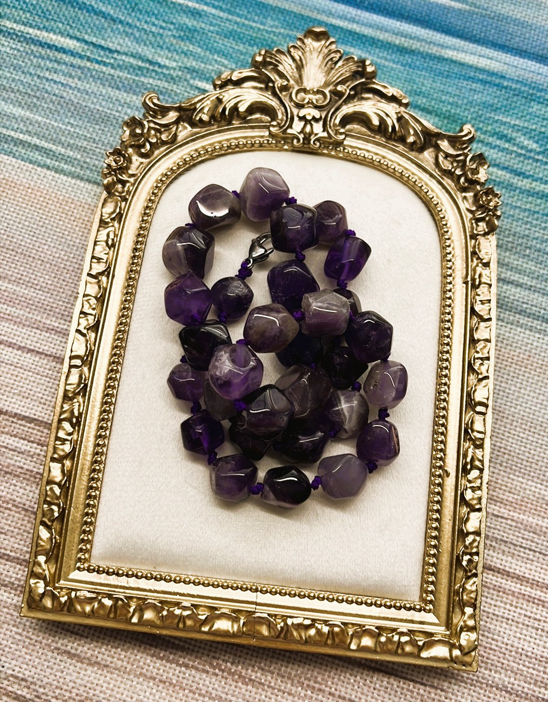 Large Freeform Amethyst Necklace using Hand-Knotted Method