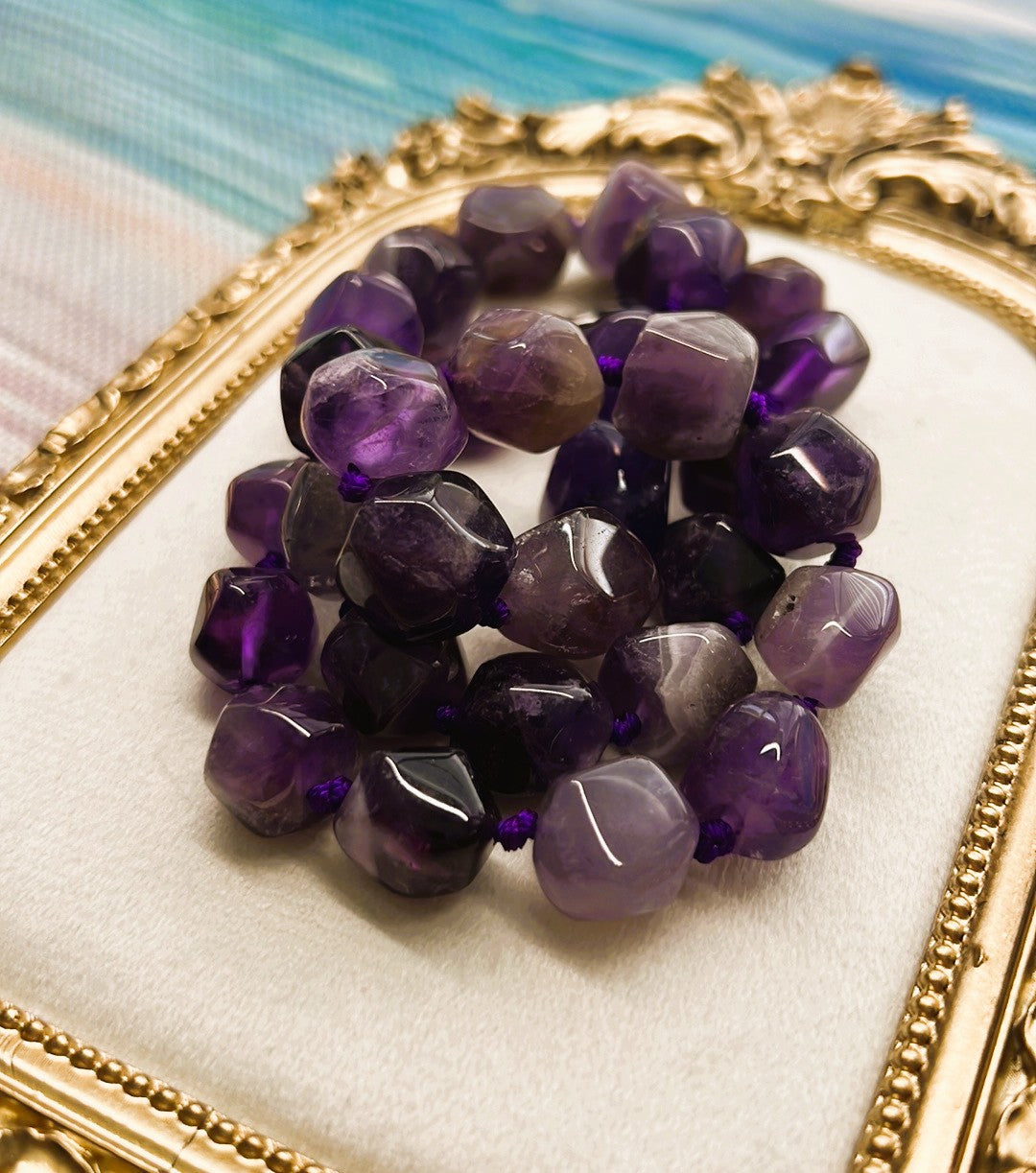 Large Freeform Amethyst Necklace using Hand-Knotted Method