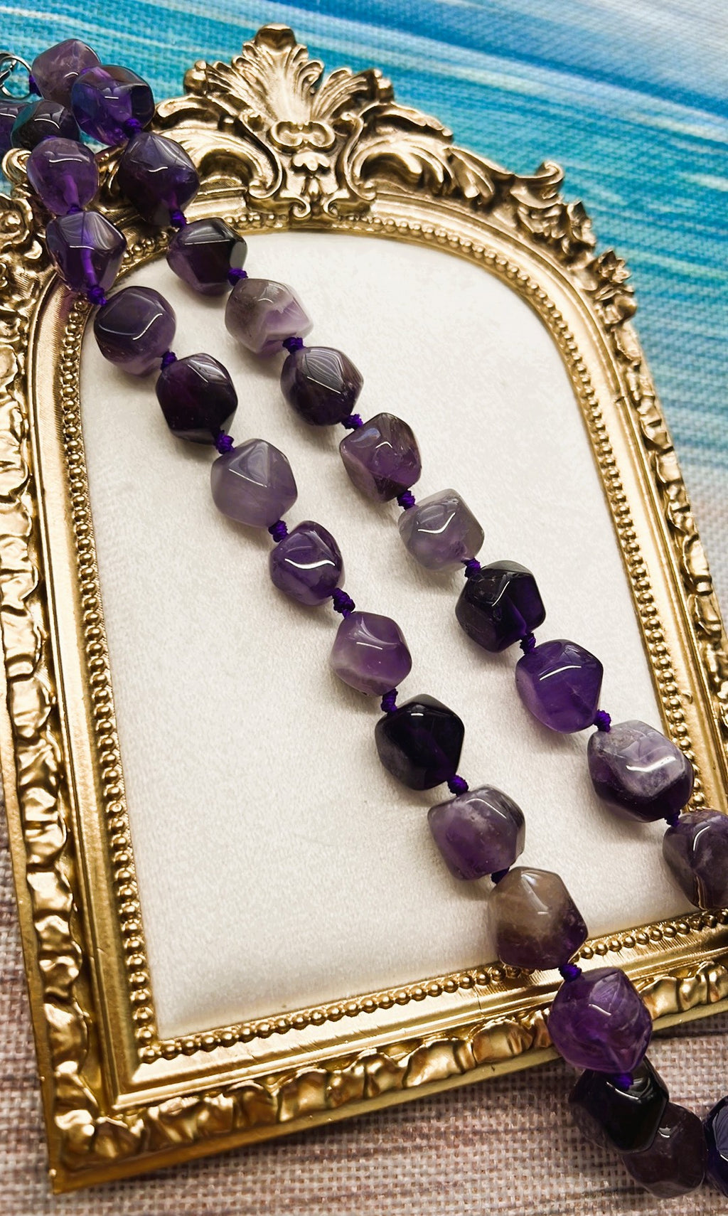 Large Freeform Amethyst Necklace using Hand-Knotted Method