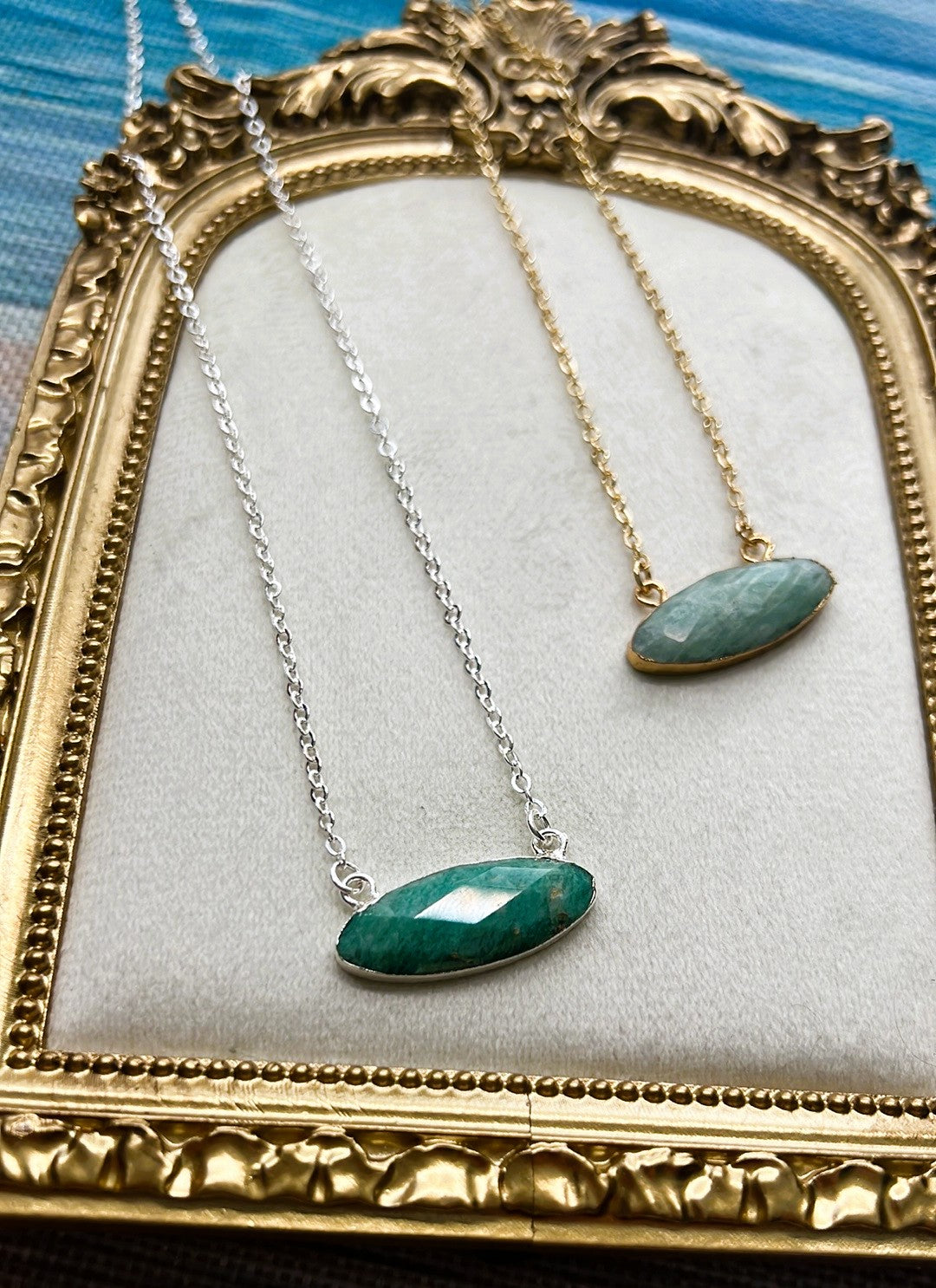 Dainty Amazonite Necklace – Faceted Oval Gemstone Pendant on Thin Gold Chain