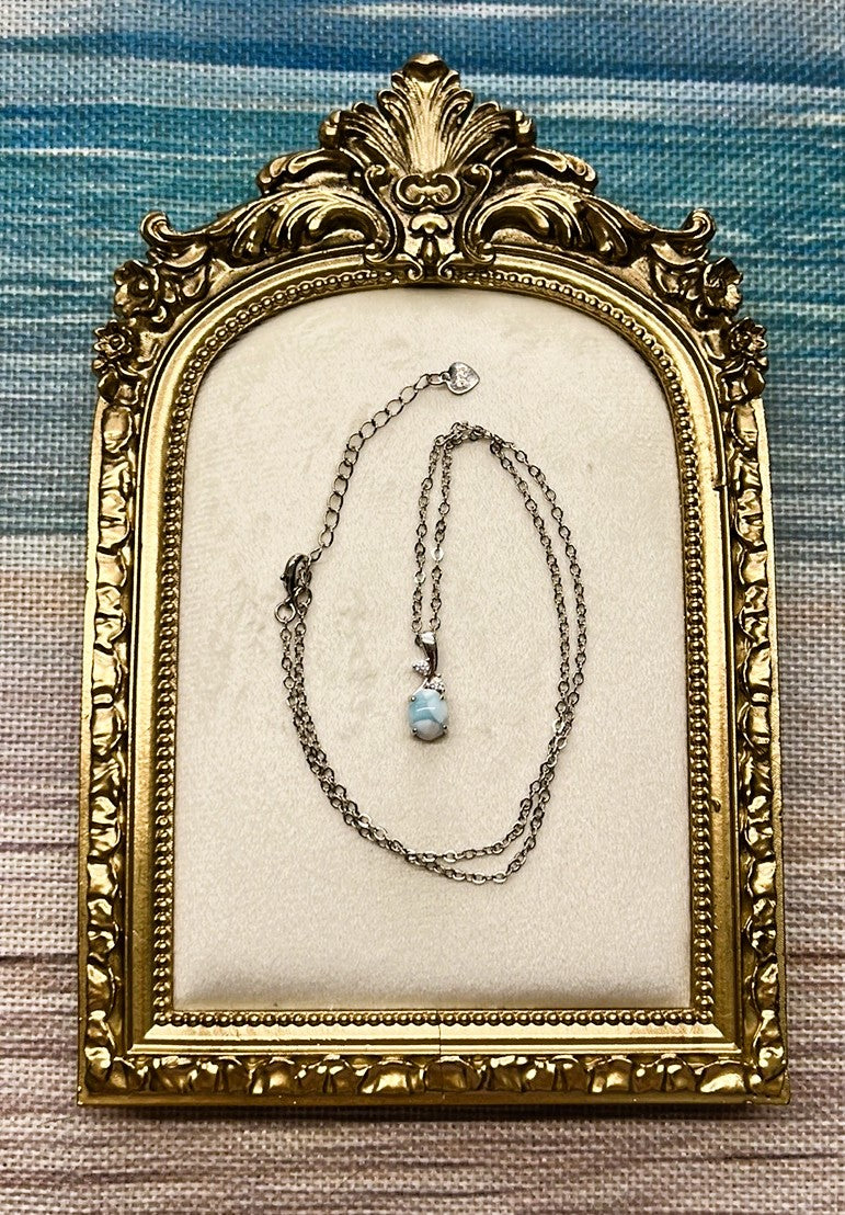 Dainty Larimar Pendant Necklace – Oval Polished Gemstone on Thin Sterling Silver Chain with Crystals