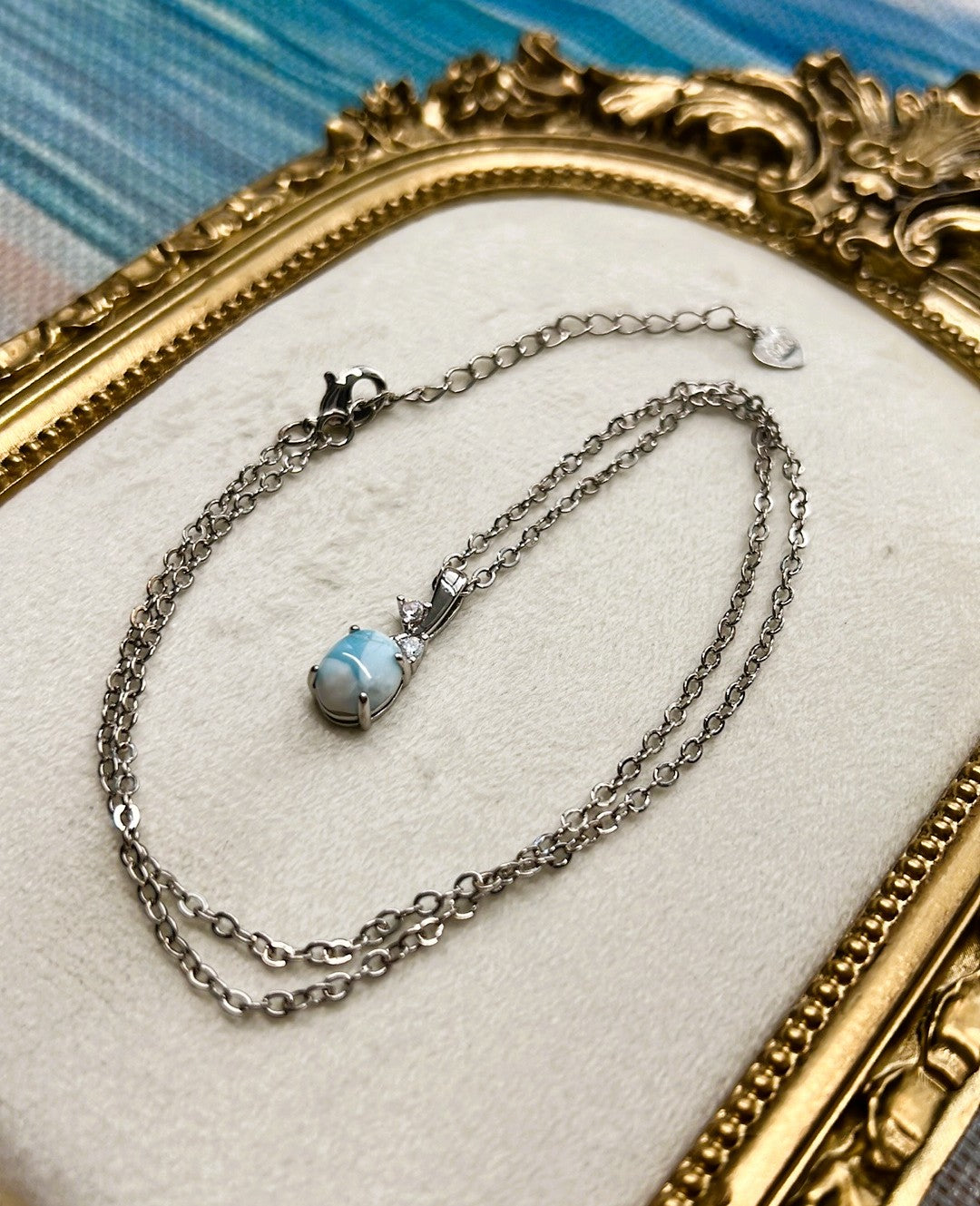 Dainty Larimar Pendant Necklace – Oval Polished Gemstone on Thin Sterling Silver Chain with Crystals
