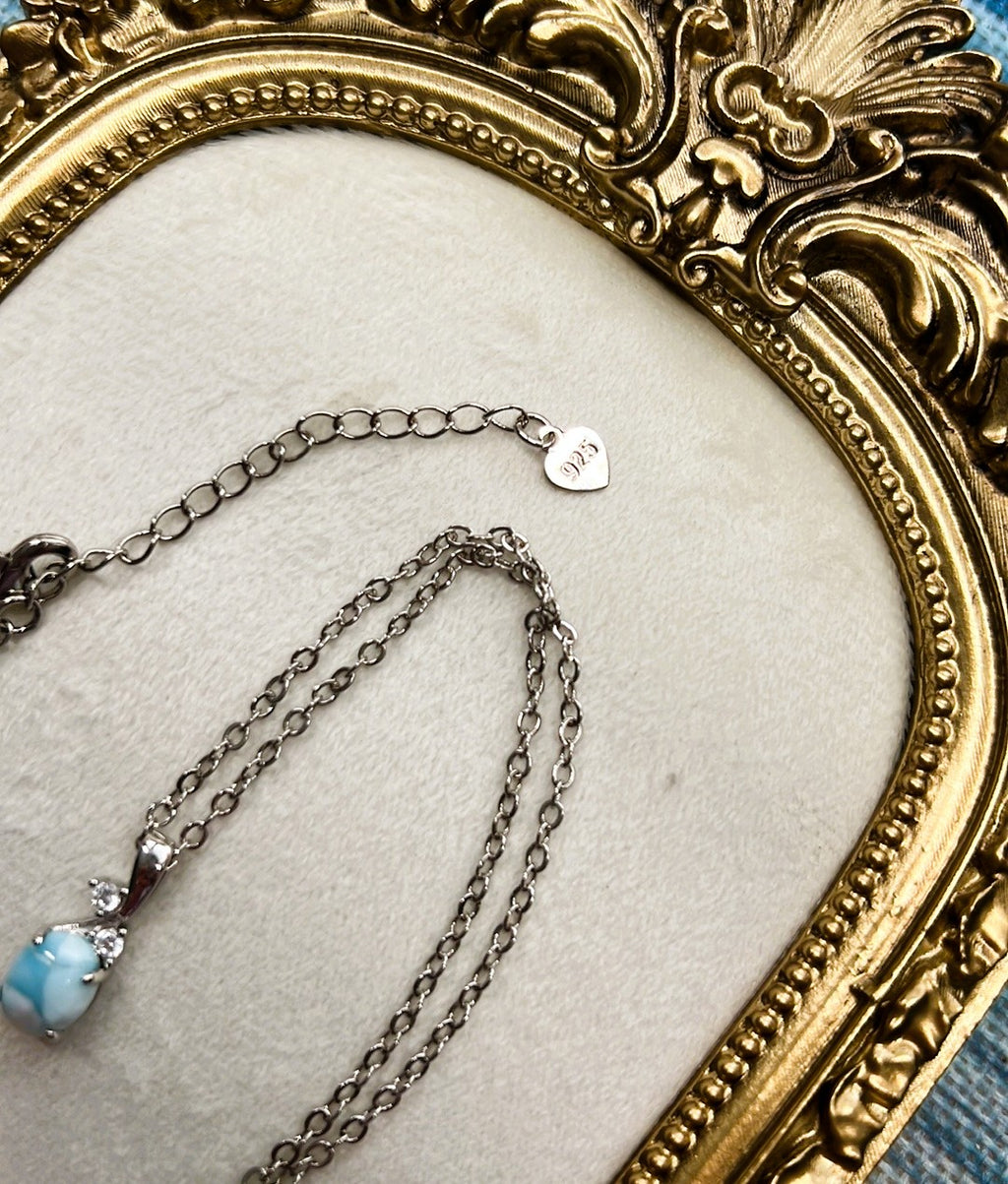 Dainty Larimar Pendant Necklace – Oval Polished Gemstone on Thin Sterling Silver Chain with Crystals