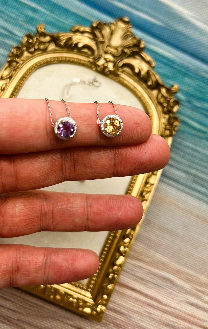 Amethyst or Citrine Dainty S925 Sterling Silver Cut Gemstone Necklace