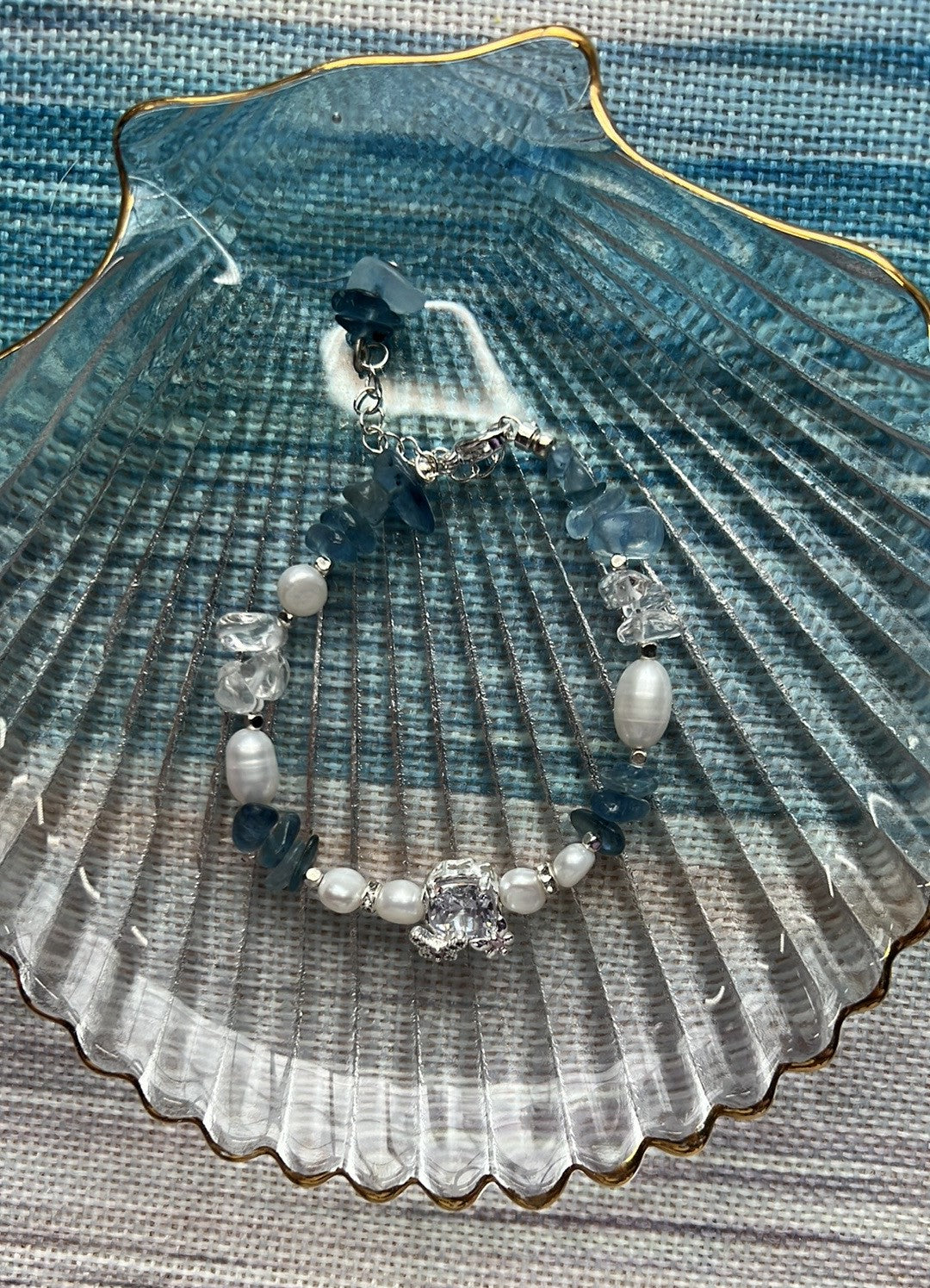 Georgia -  Blue Crystal Freshwater Pearl Elegant Handmade Sterling Silver Bracelet