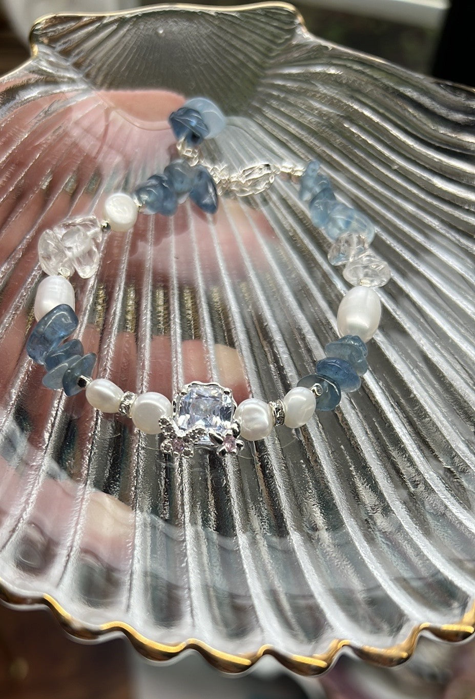 Georgia -  Blue Crystal Freshwater Pearl Elegant Handmade Sterling Silver Bracelet