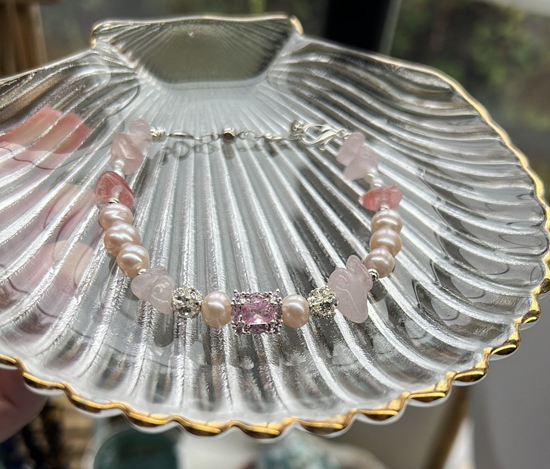 Gianna -  Pink Crystal Freshwater Pink Pearl Elegant Handmade Sterling Silver Bracelet