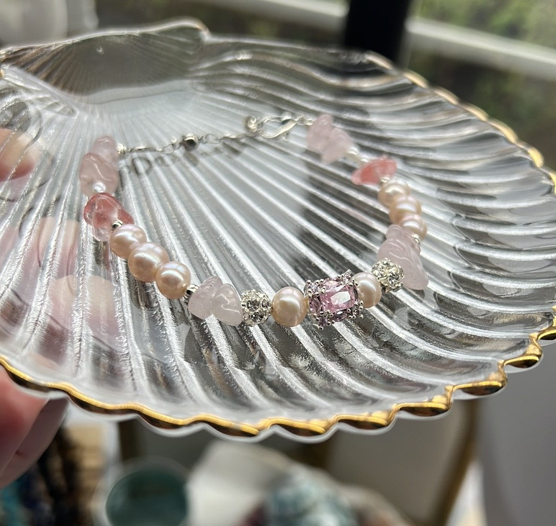 Gianna -  Pink Crystal Freshwater Pink Pearl Elegant Handmade Sterling Silver Bracelet