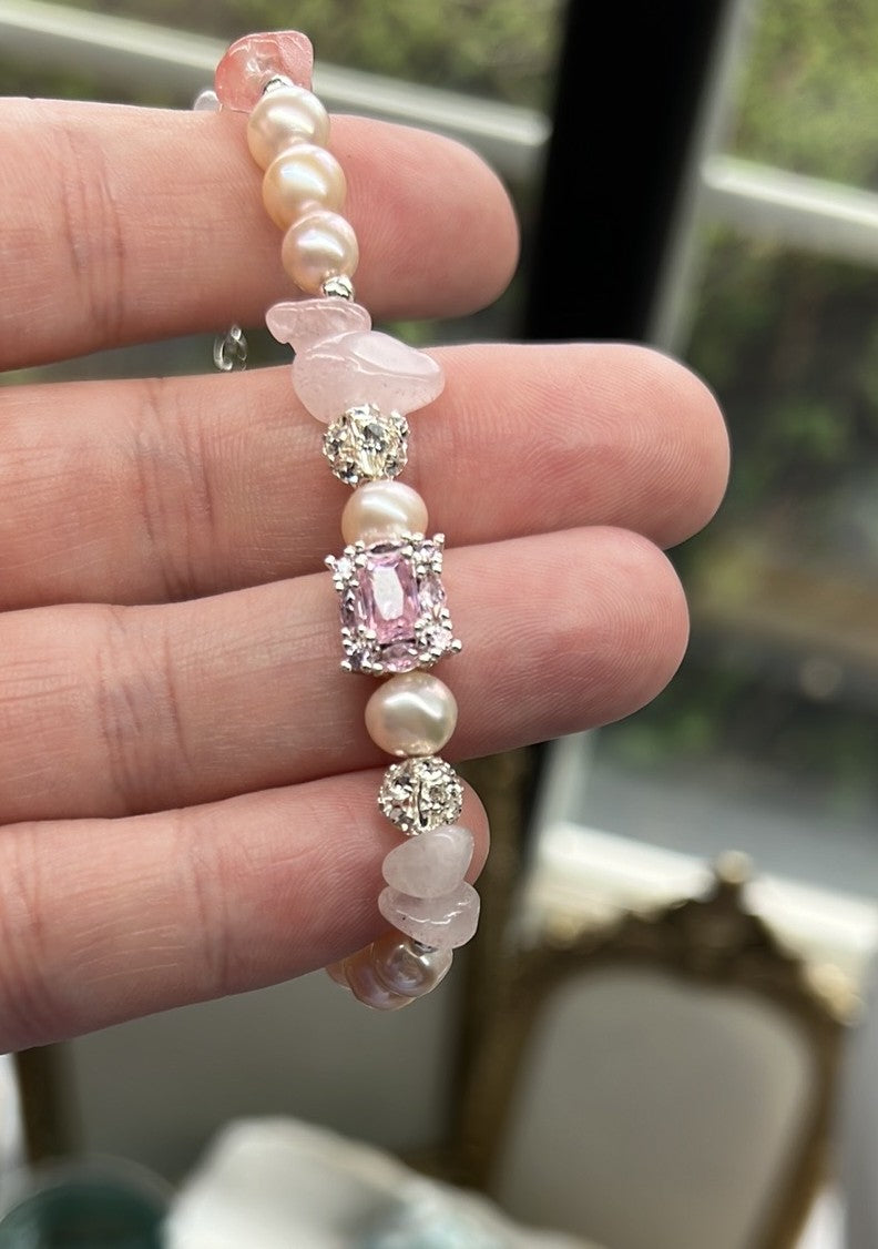 Gianna -  Pink Crystal Freshwater Pink Pearl Elegant Handmade Sterling Silver Bracelet