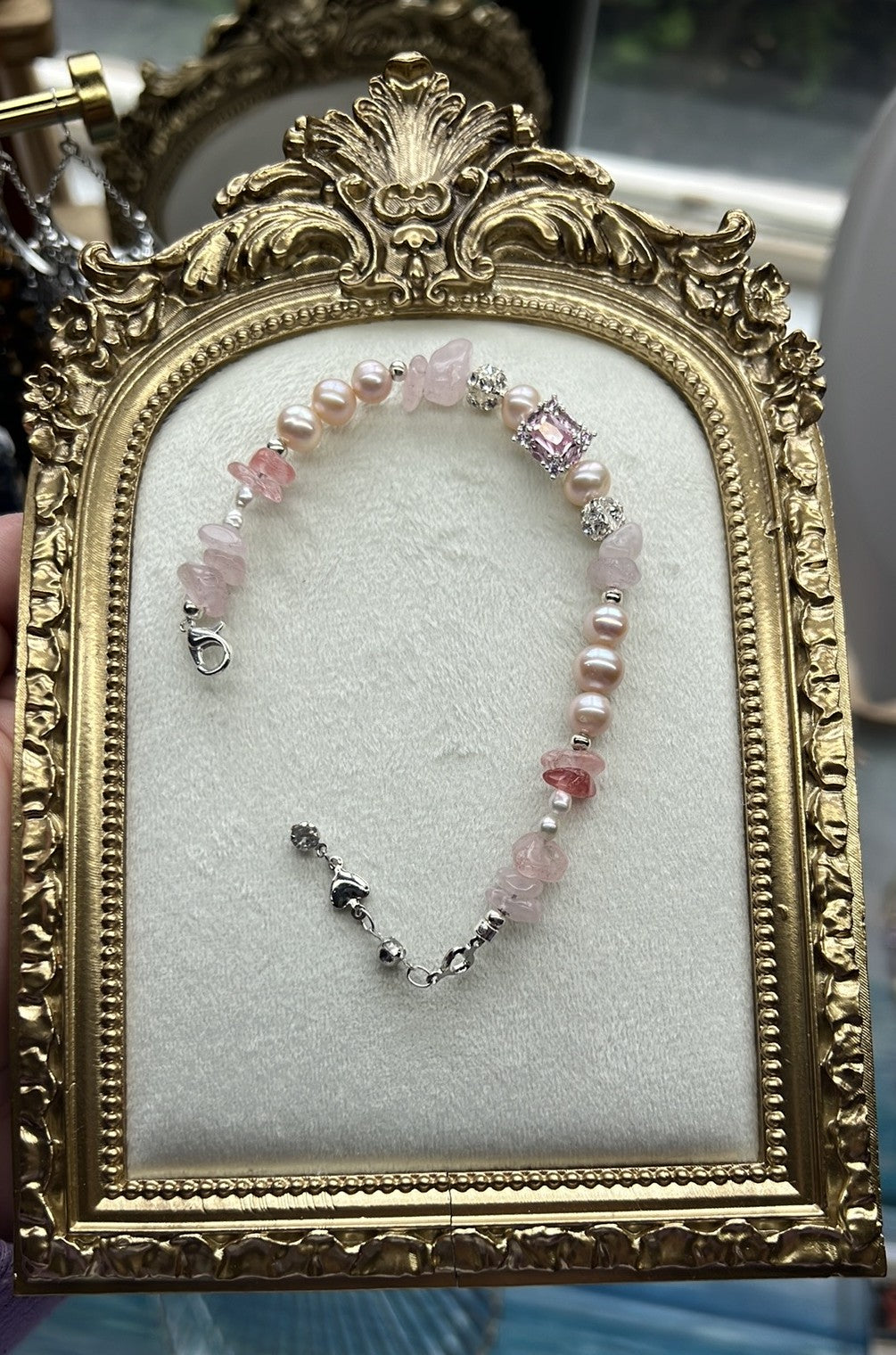 Gianna -  Pink Crystal Freshwater Pink Pearl Elegant Handmade Sterling Silver Bracelet
