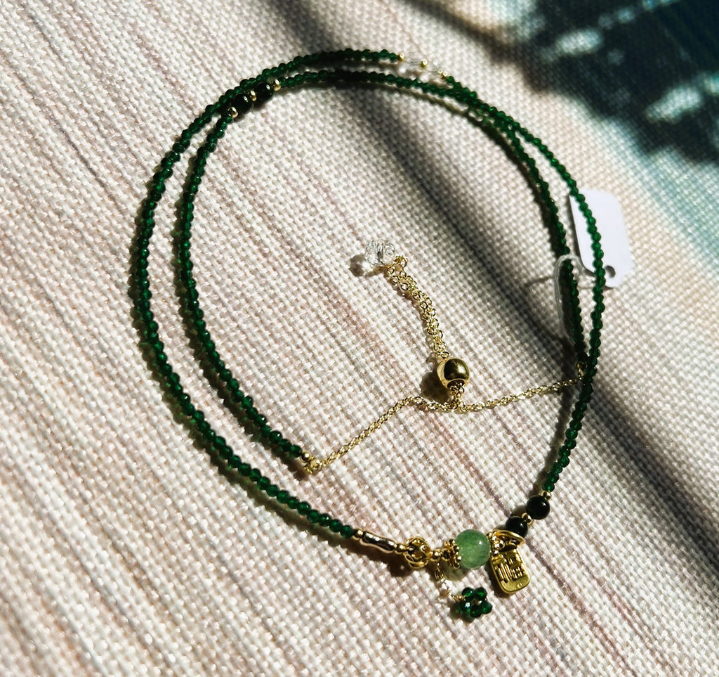 Lucky Dainty Green Crystal Necklace with Gold Details