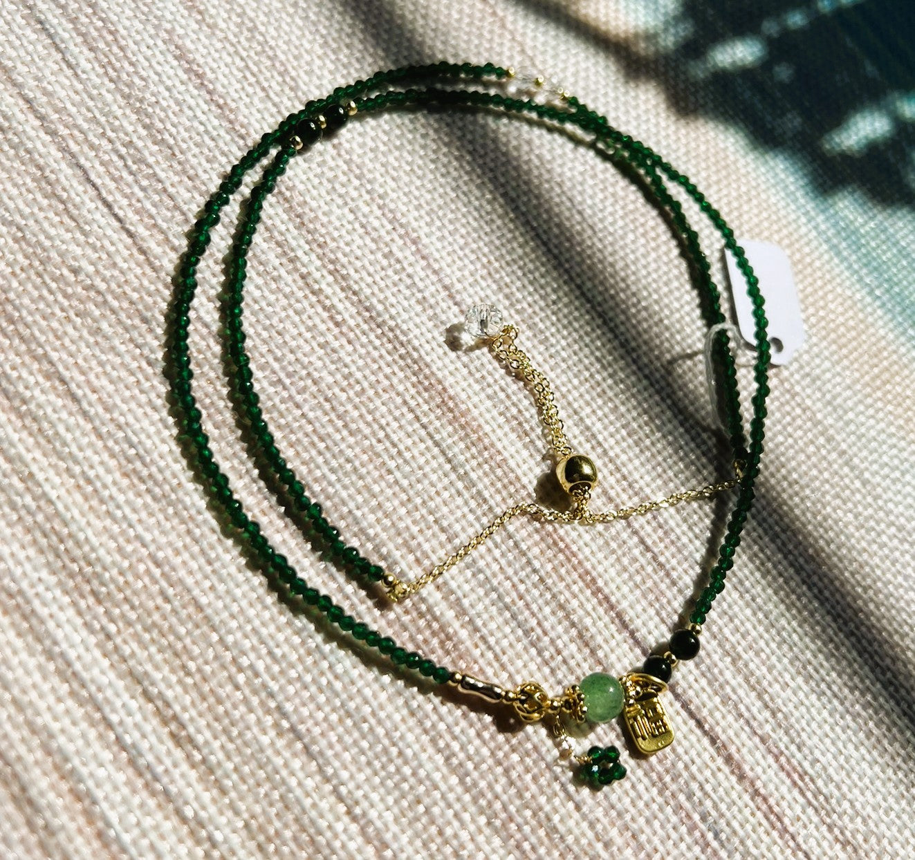 Lucky Dainty Green Crystal Necklace with Gold Details