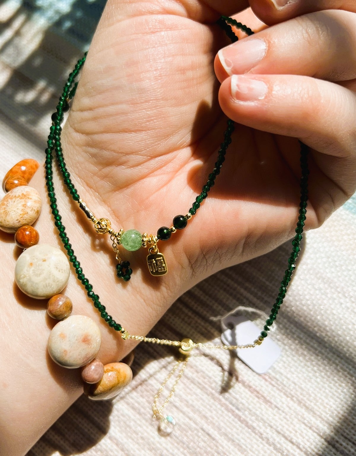 Lucky Dainty Green Crystal Necklace with Gold Details