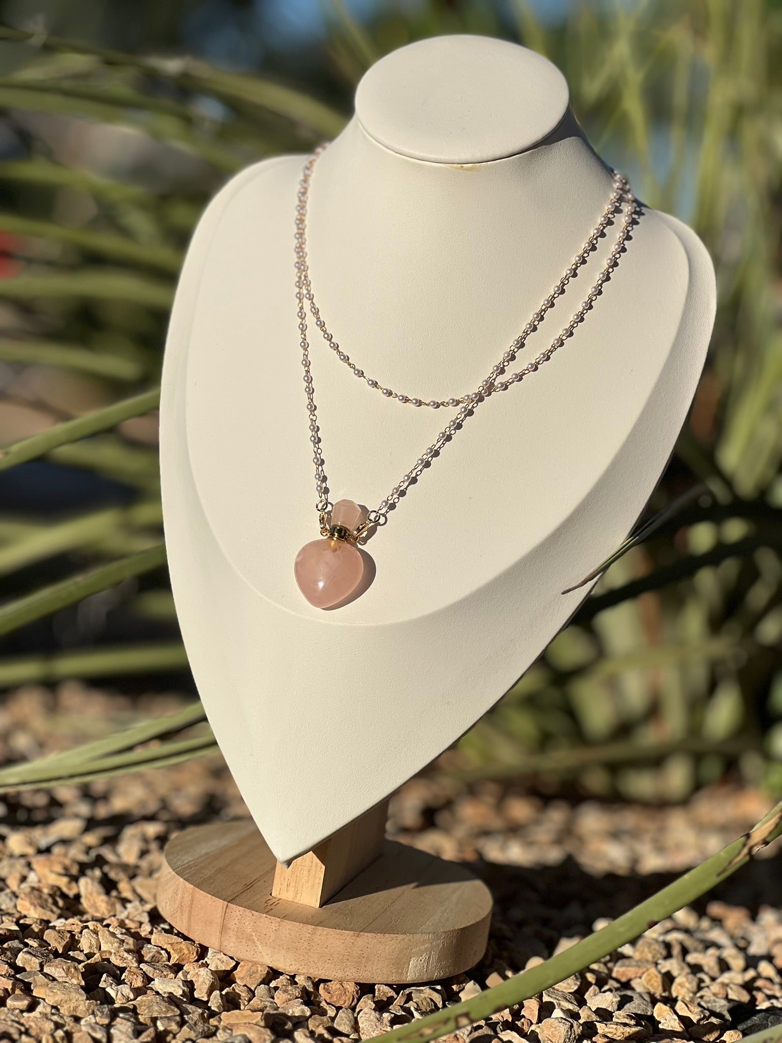 Dainty Rose Quartz Perfume Bottle Necklace Mini Crystal Keepsake Pendant