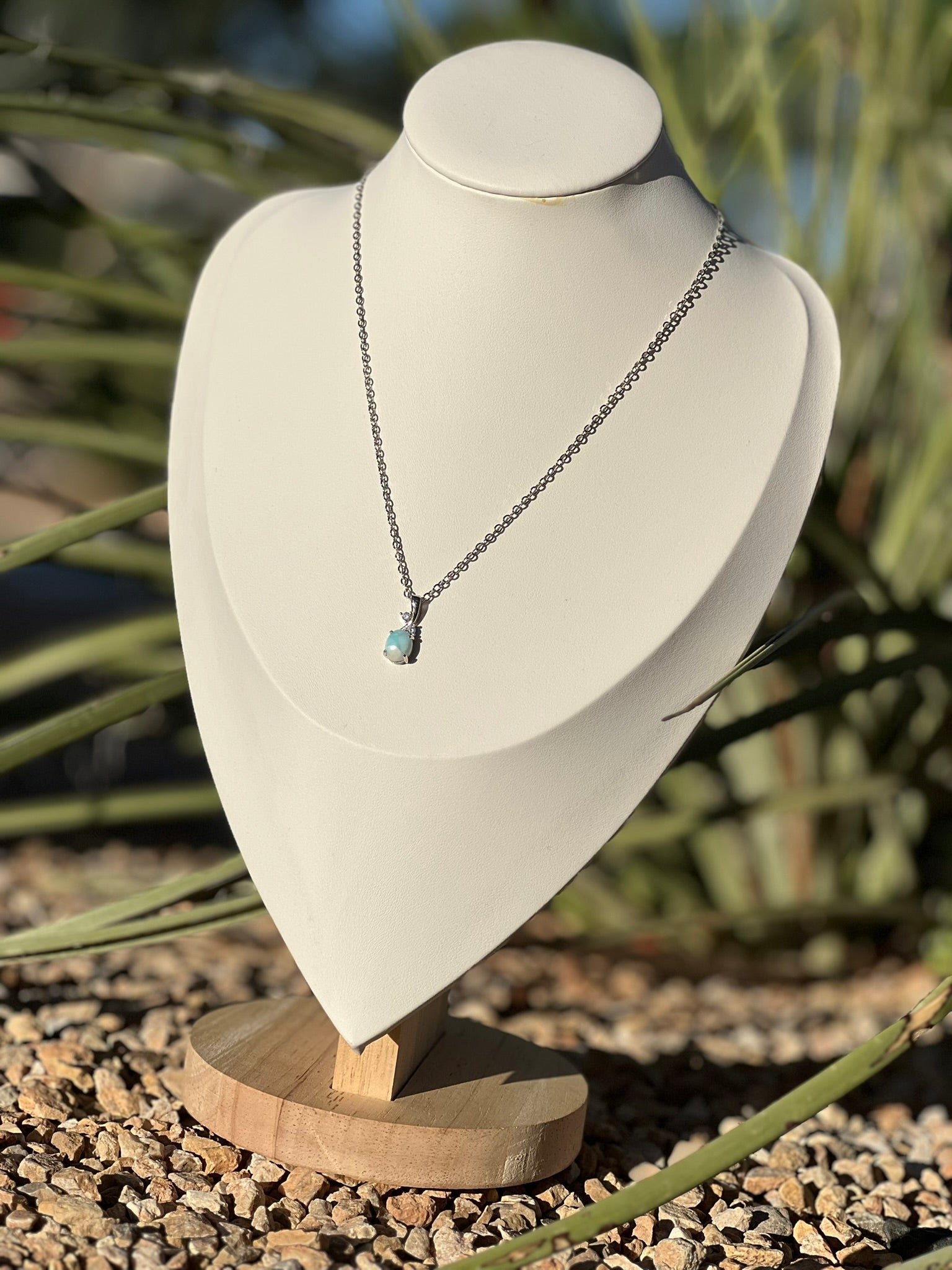 Dainty Larimar Pendant Necklace – Oval Polished Gemstone on Thin Sterling Silver Chain with Crystals