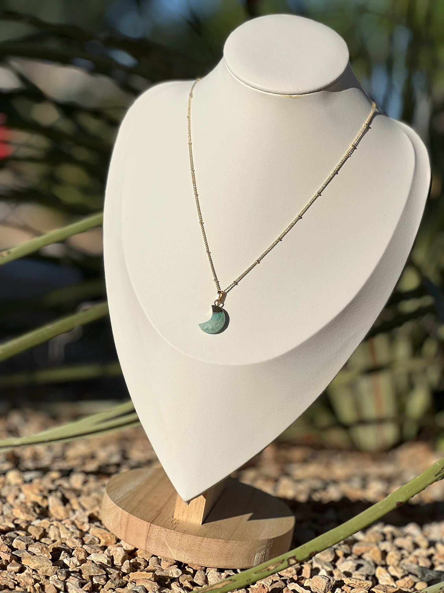 Luna - Amazonite Faceted Moon Dainty Gemstone Pendant Necklace in Gold
