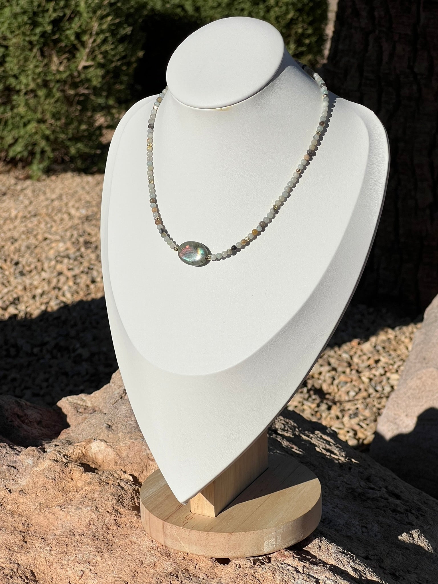 Amara - Dainty Amazonite Beaded Necklace with Labradorite Center