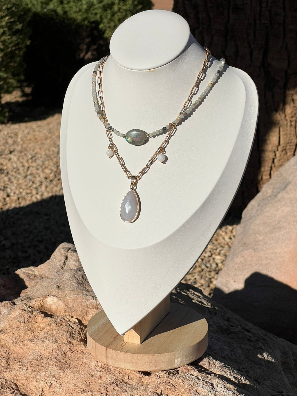 Tahlia - Dainty Gold Paperclip Charm Necklace with White Agate Drop Pendant