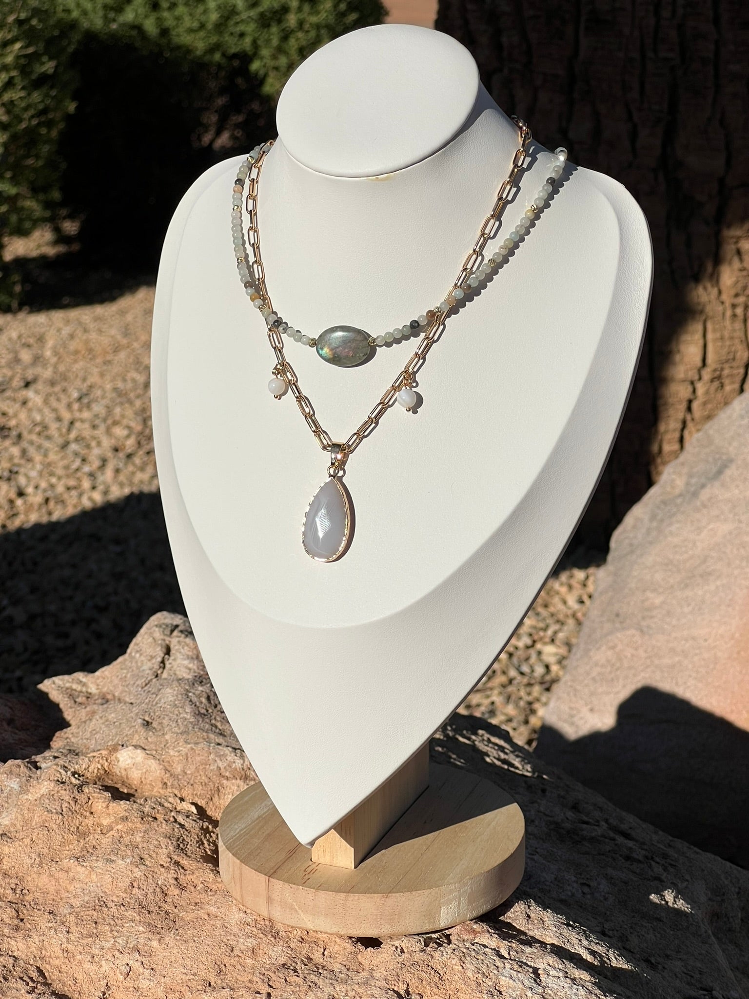 Tahlia - Dainty Gold Paperclip Charm Necklace with White Agate Drop Pendant