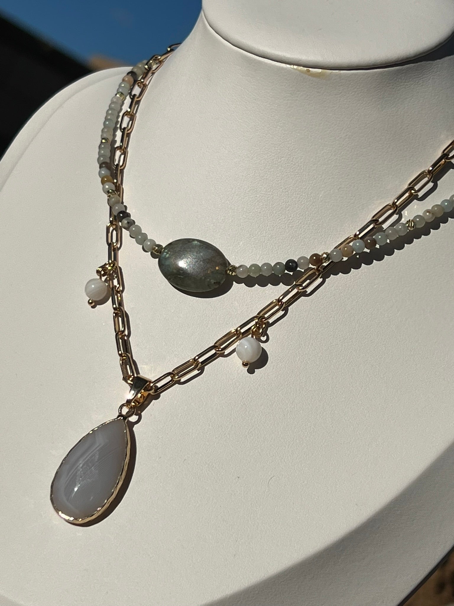 Tahlia - Dainty Gold Paperclip Charm Necklace with White Agate Drop Pendant