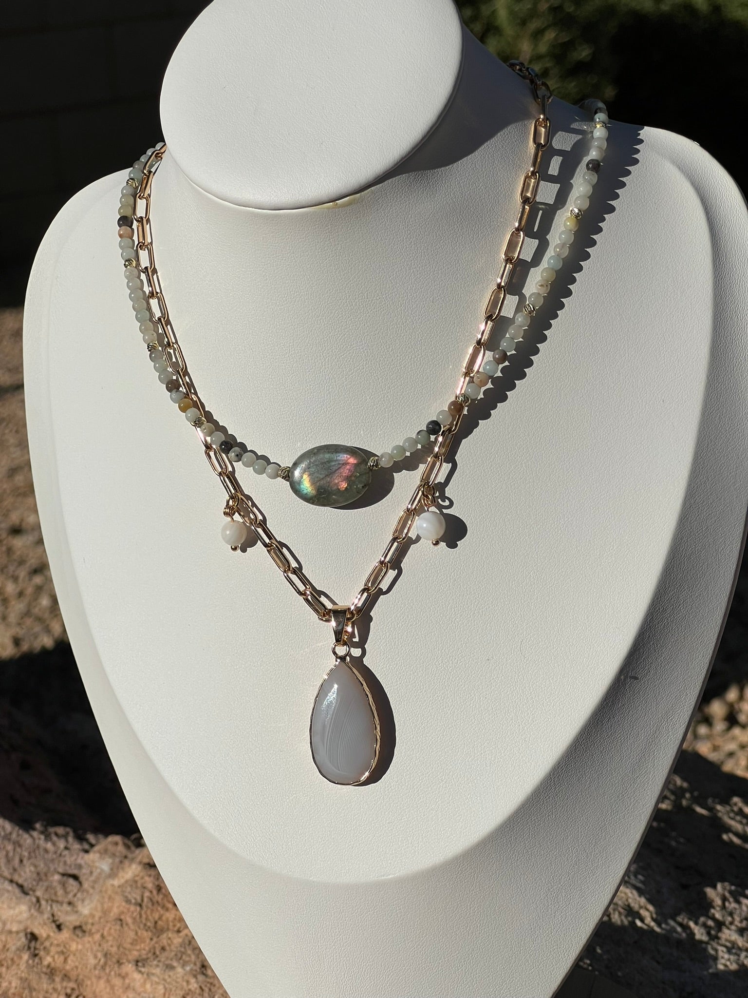 Amara - Dainty Amazonite Beaded Necklace with Labradorite Center