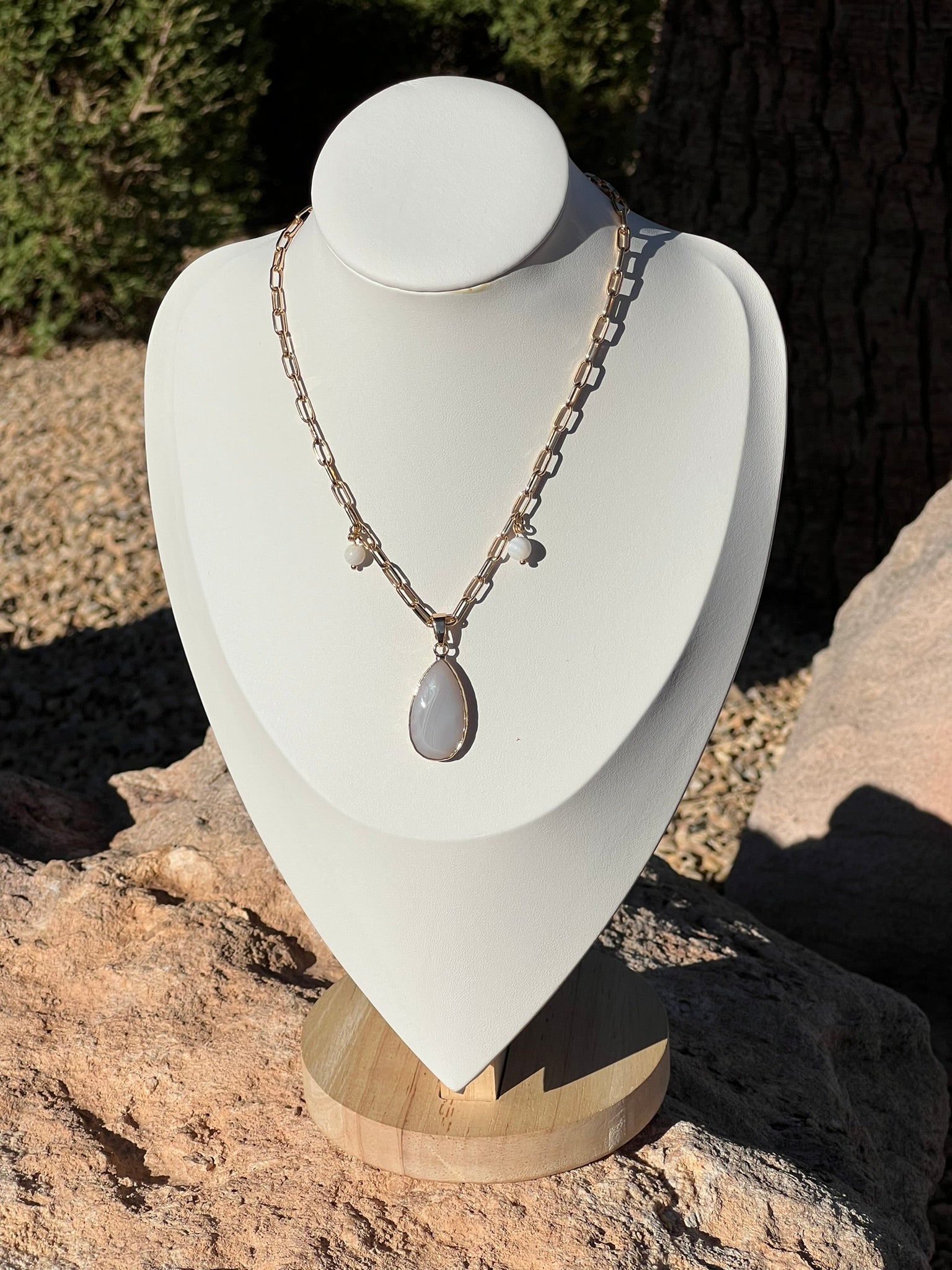 Tahlia - Dainty Gold Paperclip Charm Necklace with White Agate Drop Pendant