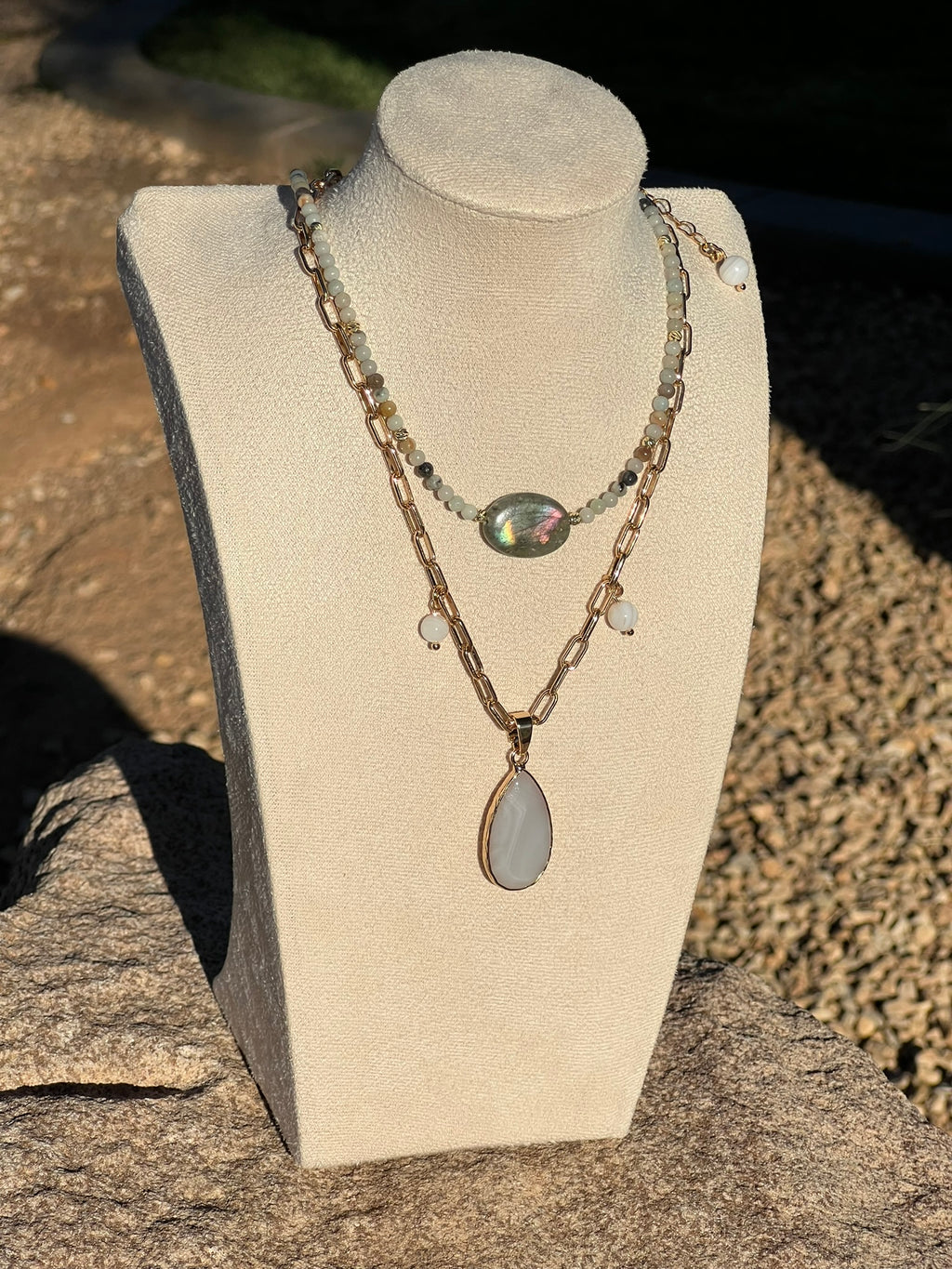 Tahlia - Dainty Gold Paperclip Charm Necklace with White Agate Drop Pendant