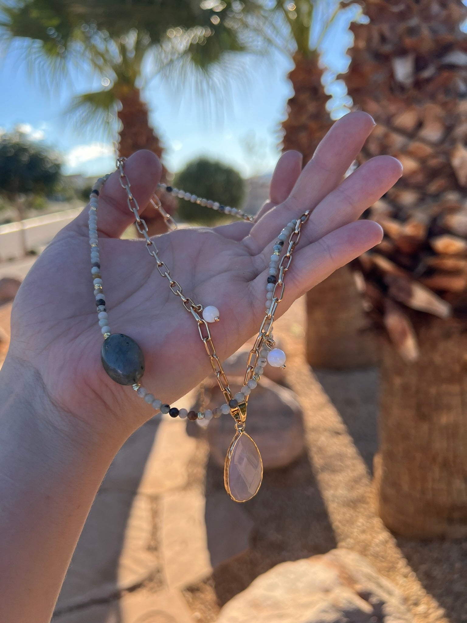 Tahlia - Dainty Gold Paperclip Charm Necklace with White Agate Drop Pendant
