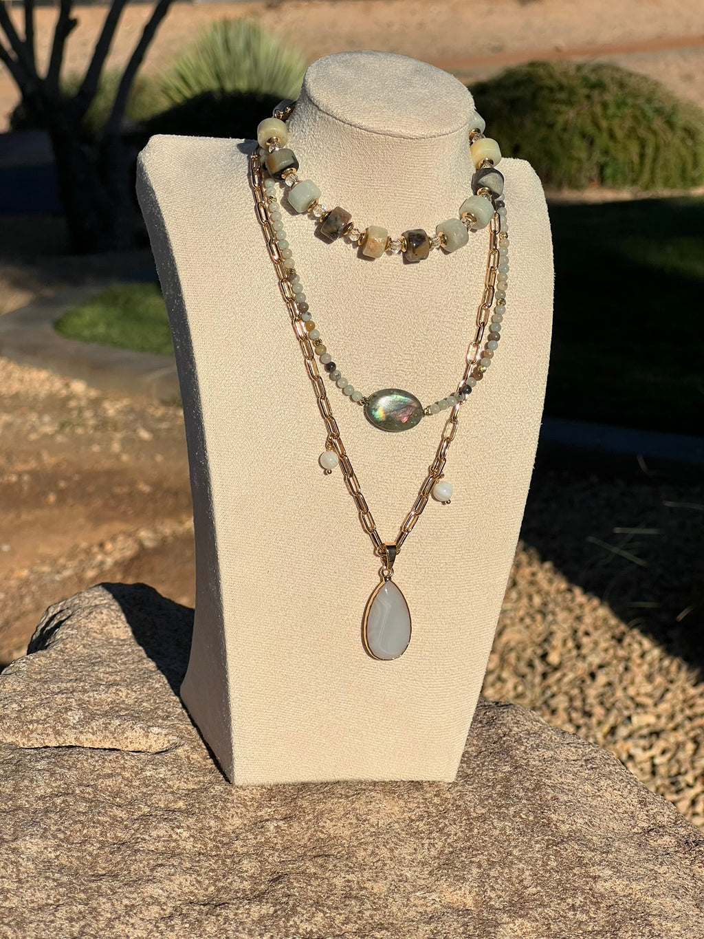 Tahlia - Dainty Gold Paperclip Charm Necklace with White Agate Drop Pendant
