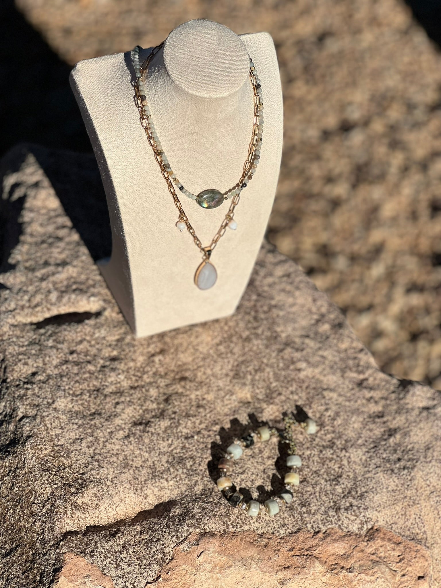 Amara - Dainty Amazonite Beaded Necklace with Labradorite Center